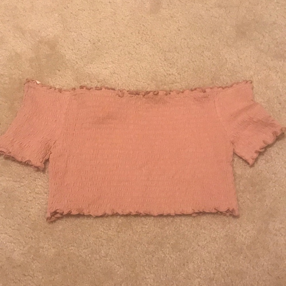 Smocked Off The Shoulder Lettuce Hem Cropped Top